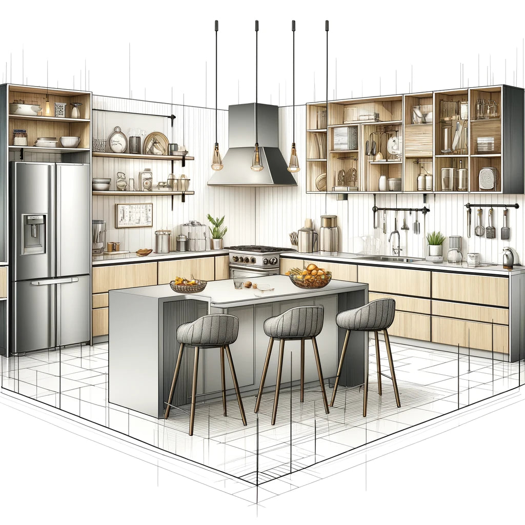 DALL_E_2024-05-18_10.31.37_-_A_detailed_illustration_of_a_modern_kitchen_remodel_design._The_design_should_include_elements_such_as_sleek_cabinets_a_kitchen_island_with_bar_stool - L&C Cabinetry
